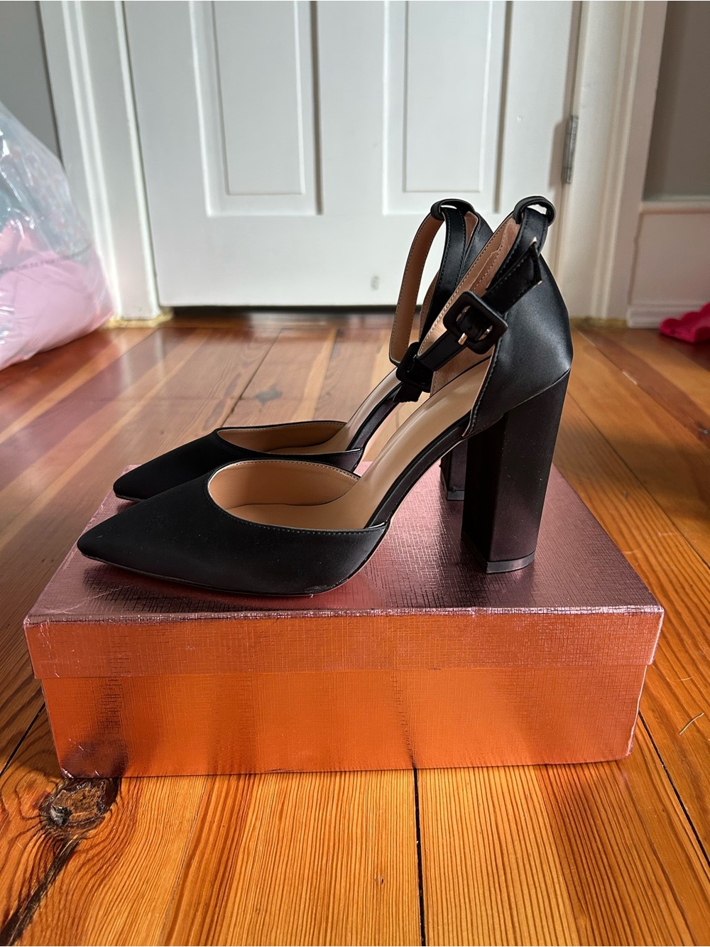 Black Pointed Block Heel Pump with Ankle Strap - Women